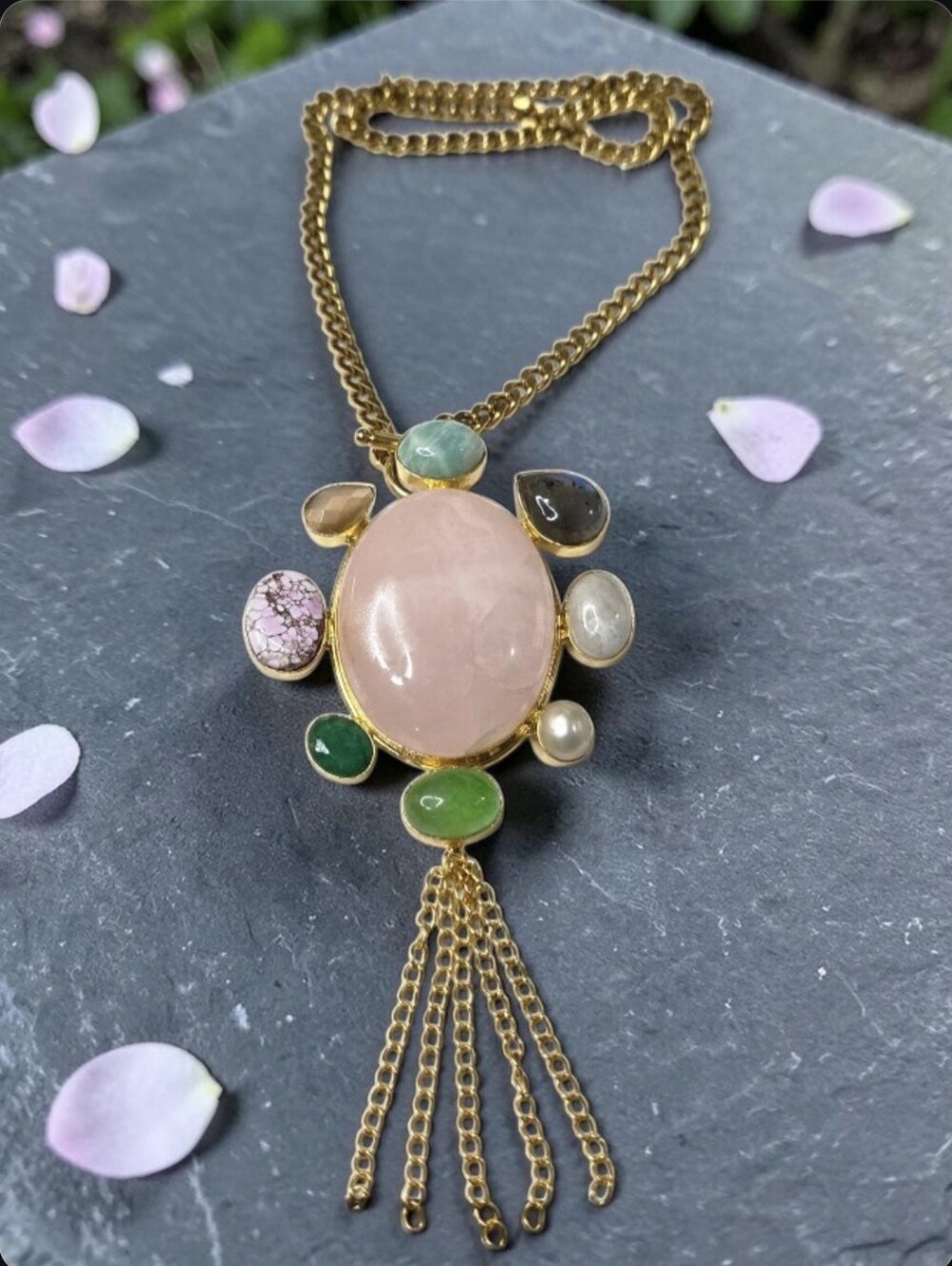 18k Gold Plated Artisan Rose Quartz Emerald Amethyst Pearl Amazonite Necklace - Picture 3 of 6
